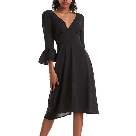 BLTIBY Women's Casual 3/4 Sleeve Dresses Deep V Neck Zipper Ruffled Lightweight Fashion Midi Dress with Back Tie Black S