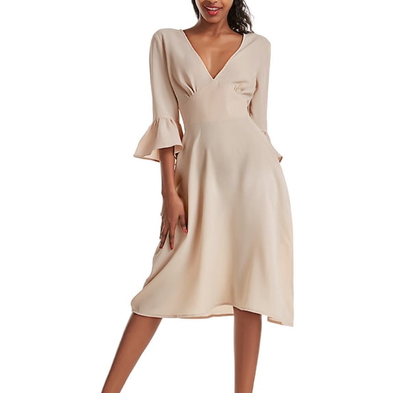 BLTIBY Women's Casual 3/4 Sleeve Dresses Deep V Neck Zipper Ruffled Lightweight Fashion Midi Dress with Back Tie Khaki 3XL