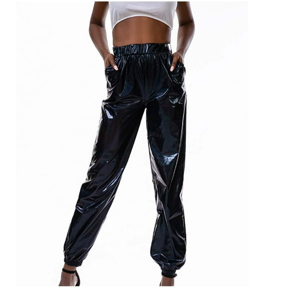 BLTIBY Women's Casual Pants Solid Color High Waist Elastic Waist Shiny Party Style Leather Trousers with Pockets Fashion Comfy Black L