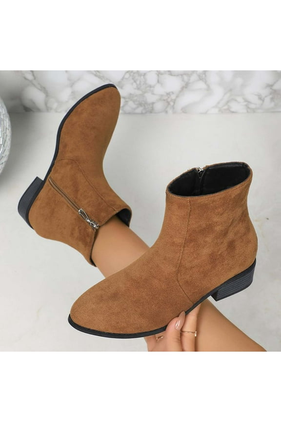 Women's Chelsea Ankle Boots Low Heel Fashion Almond Toe Flock Dress Booties with Side Zipper Brown 38