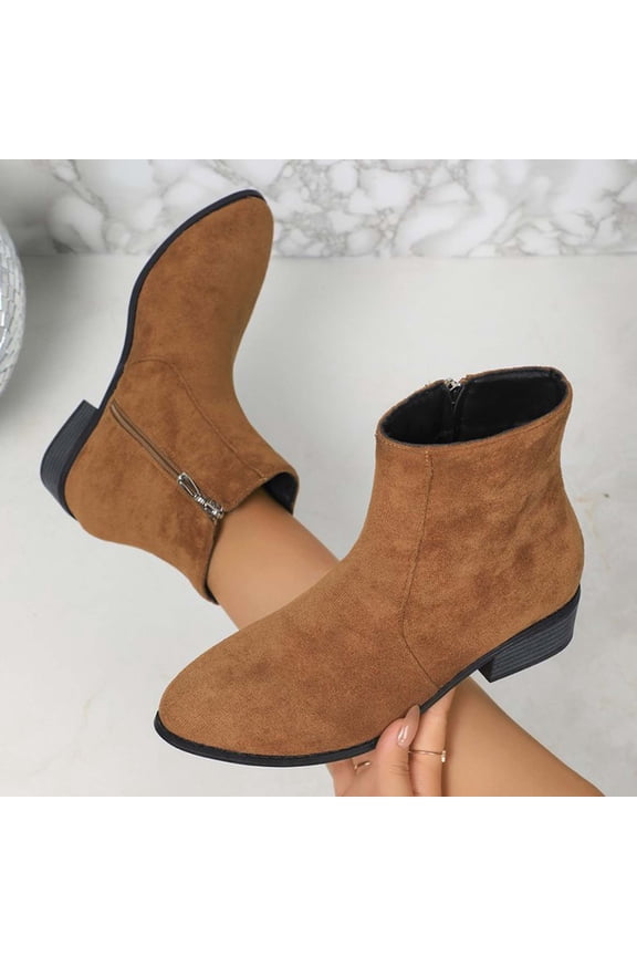 Women's Chelsea Ankle Boots Low Heel Fashion Almond Toe Flock Dress Booties with Side Zipper Brown 43