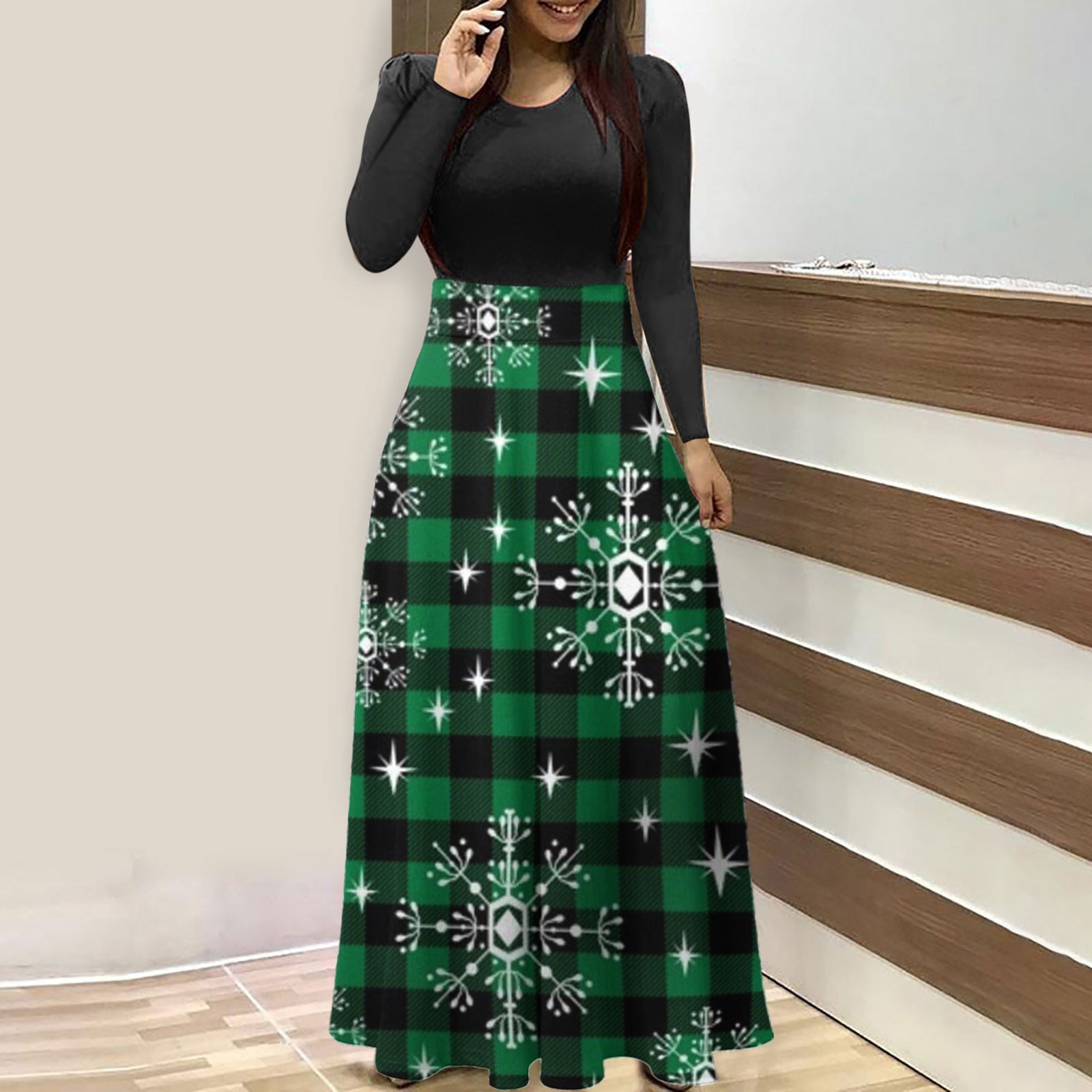 BLTIBY Women's Christmas Long Sleeve Dress Xmas Plaid Printed Waist