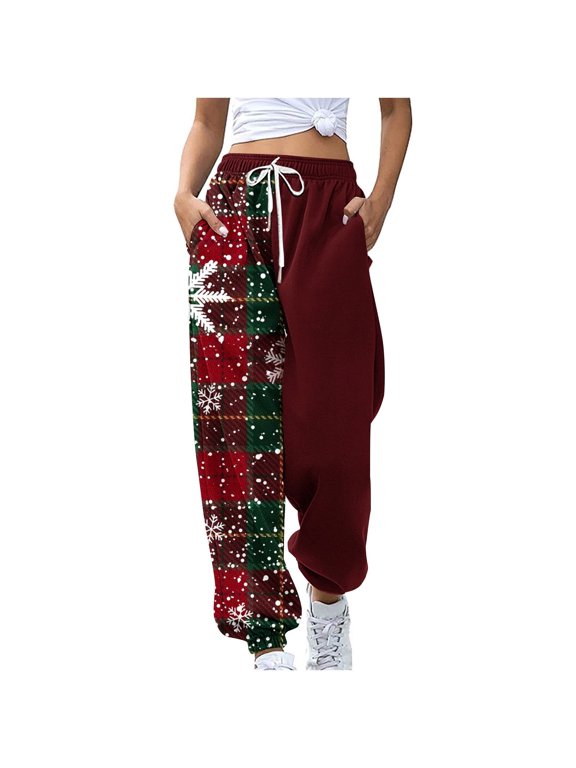 Women's Christmas Pant Fall Winter Elastic Waist Drawstring Printed Sweatpants Xmas Comfy Soft Casual Pants Trousers with Pockets Wine M