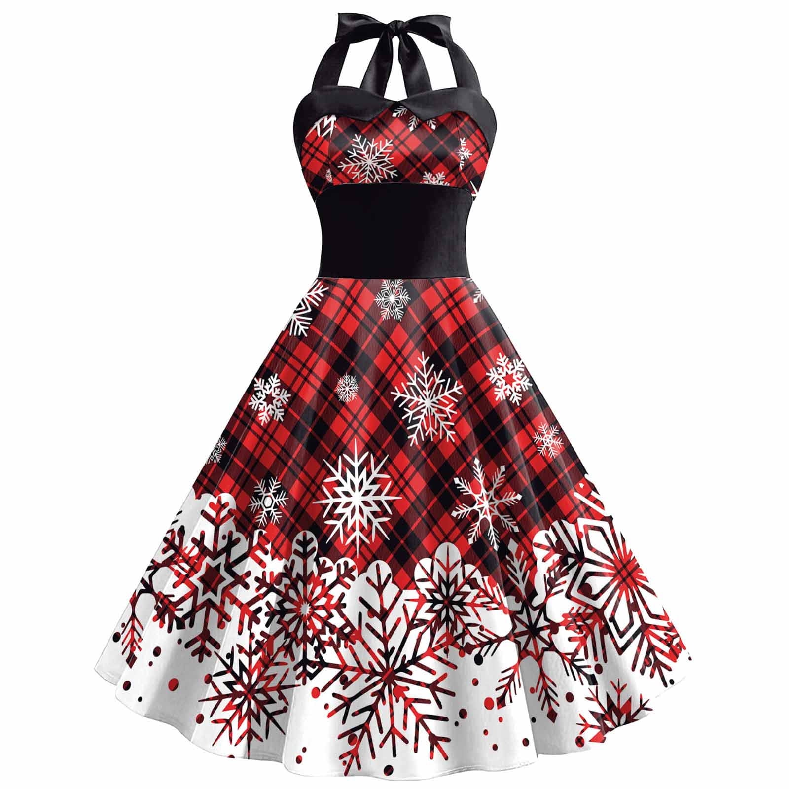 1950s style christmas dresses Bltiby Women's Christmas Vintage Halter Dress Printed 1950s Retro Cocktail Dresses Sleeveless Swing Fashion Outfits Knee Length Wine XL