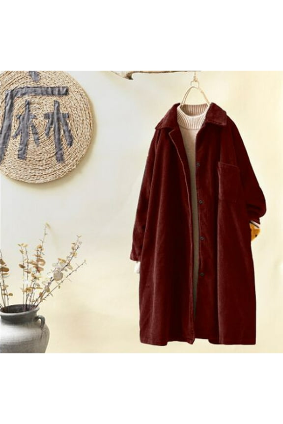 Women's Corduroy Trench Coat Fall Lapel Button Down Overcoat Long Jacket Fashion Lightweight Outerwear with Pockets Wine XXL