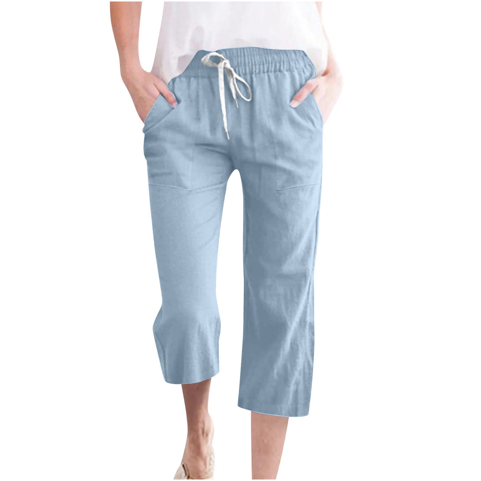 BLTIBY Women's Cotton Linen Capri Pants Summer Solid Color Drawstring ...