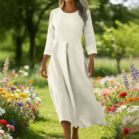BLTIBY Women's Cotton Linen Maxi Dresses Flowy Casual Round Neck Boho Vacation Dress Loose Fit 3/4 Sleeve Summer Dress Beige XXL