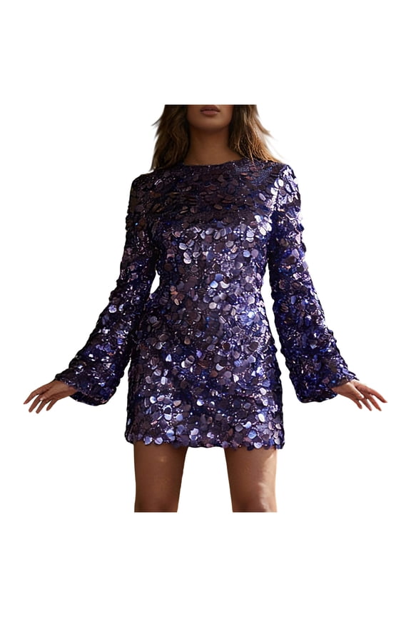 Women's Crew Neck Sequin Mini Dress Spring Long Sleeve Sparkly Glitter Night Out Dresses Cocktail Disco Out Purple S