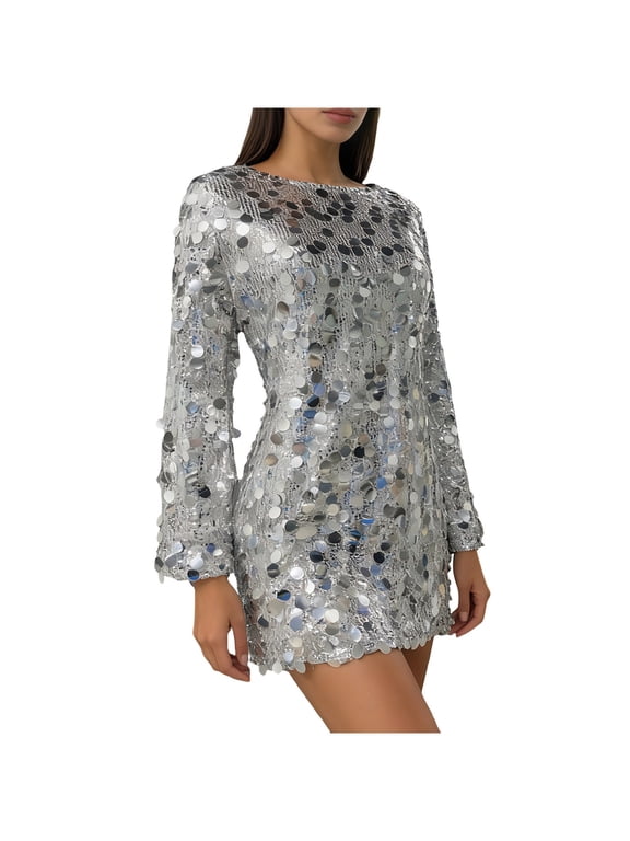 Women's Crew Neck Sequin Mini Dress Spring Long Sleeve Sparkly Glitter Night Out Dresses Cocktail Disco Out Silver S