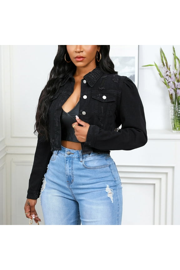 Women's Denim Jacket Fall Lapel Jean Jackets Button Up Cropped Ripped Shacket Boyfriend Lightweight Coat with Pockets Black XXL