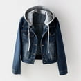 thumbnail image 1 of BLTIBY Women's Denim Jacket Hoodies Fall Jean Button Up Drawstring Jackets Shacket Lightweight Coat with Pockets Dark Blue L, 1 of 4