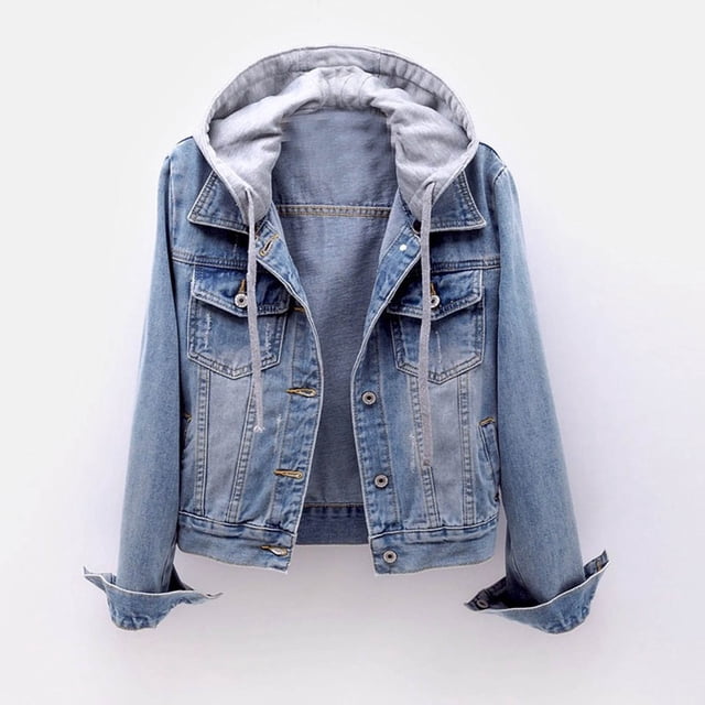 BLTIBY Women's Denim Jacket Hoodies Fall Jean Button Up Drawstring Jackets Shacket Lightweight Coat with Pockets Light Blue XL