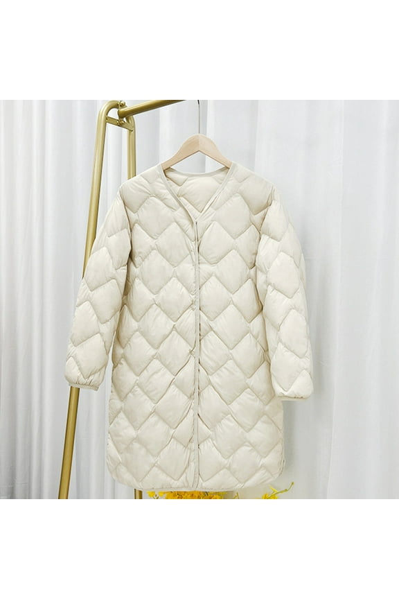 Women's Diamond Quilted Puffer Jacket Lightweight 3/4 Sleeve Button Down Coat Casual Warm Comfy Outwear White 3XL