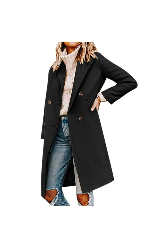 Women's Double Breasted Trench Coat Fall Winter Long Sleeve Lapel Long Wool Blend Jacket with Pockets Casual Warm Elegant Peacoat Outwear Black S