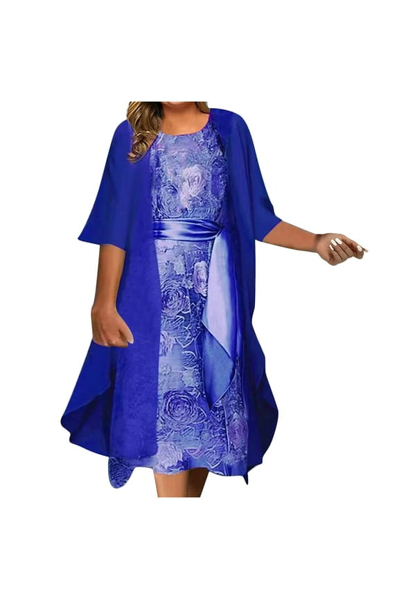 Women's Dress 2 Piece Outfit Floral Printed Sleeveless Loose Maxi Summer Dresses with Coverups Fashion Sets Knee Length Blue 4XL