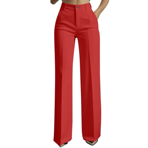 BLTIBY Women's Dress Pants Business Casual Work Slacks High Waisted Stretchy Button Straight Leg Trousers with Pockets Red M