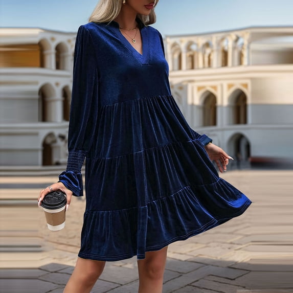 BLTIBY Women’s Elegant Velvet Long Sleeve Dress Casual Fall V Neck A Line Babydoll Flowy Formal Wedding Party Mini Dresses Navy M