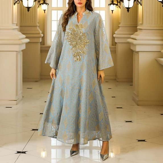 BLTIBY Women's Embroidered Sequin Full Cover Muslim Abayas Islamic Dubai Kaftan V Neck Robe Elegant Loose Long Sleeve Maxi Dress Blue L