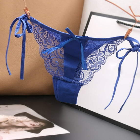 BLTIBY Women's Erotic Panties Solid Color Lace See-through Briefs Fashion Hollow Out Cheeky Underpants Thongs Blue One Size