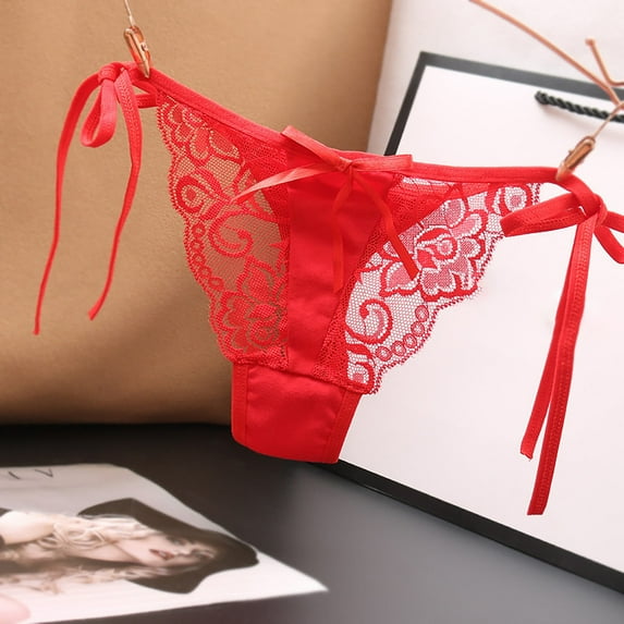 BLTIBY Women's Erotic Panties Solid Color Lace See-through Briefs Fashion Hollow Out Cheeky Underpants Thongs Red One Size