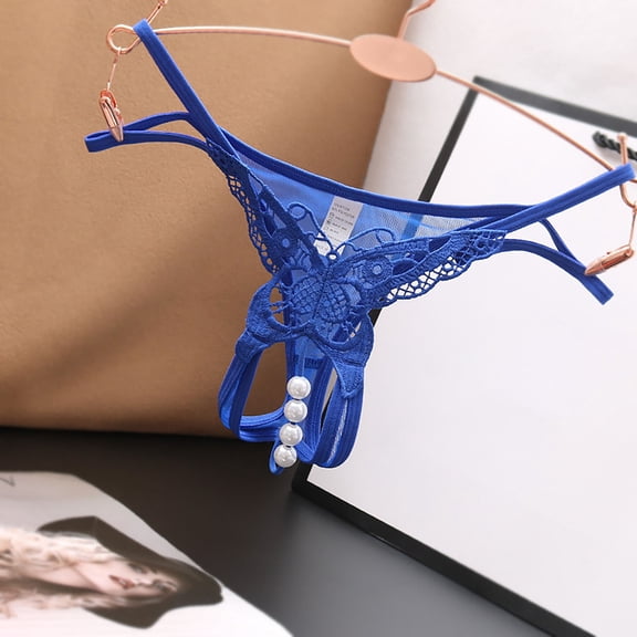 BLTIBY Women's Erotic Panties Solid Color Lace See-through Briefs Fashion Hollow Out Opening Cheeky Underpants Blue One Size