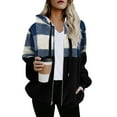 thumbnail image 1 of BLTIBY Women's Fall Winter Jacket Hooded Checkered Colour-Block Printed Fuzzy Zip up Drawstring Double-Faced Fleece Casual Warm Lightweight Coat with Pockets Blue L, 1 of 5