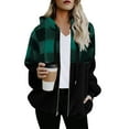 thumbnail image 1 of BLTIBY Women's Fall Winter Jacket Hooded Checkered Colour-Block Printed Fuzzy Zip up Drawstring Double-Faced Fleece Casual Warm Lightweight Coat with Pockets Green L, 1 of 5