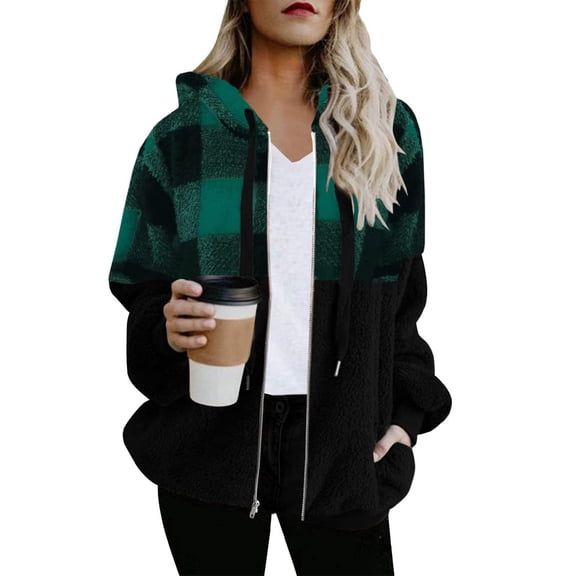 BLTIBY Women's Fall Winter Jacket Hooded Checkered Colour-Block Printed Fuzzy Zip up Drawstring Double-Faced Fleece Casual Warm Lightweight Coat with Pockets Green L