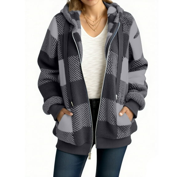 BLTIBY Women's Fall Winter Jacket Hooded Double-Faced Fleece Checked Printed Fuzzy Zip up Drawstring Casual Warm Lightweight Coat with Pockets Dark Gray XXL