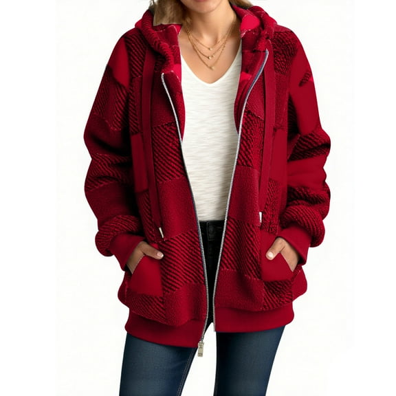 BLTIBY Women's Fall Winter Jacket Hooded Double-Faced Fleece Checked Printed Fuzzy Zip up Drawstring Casual Warm Lightweight Coat with Pockets Red S