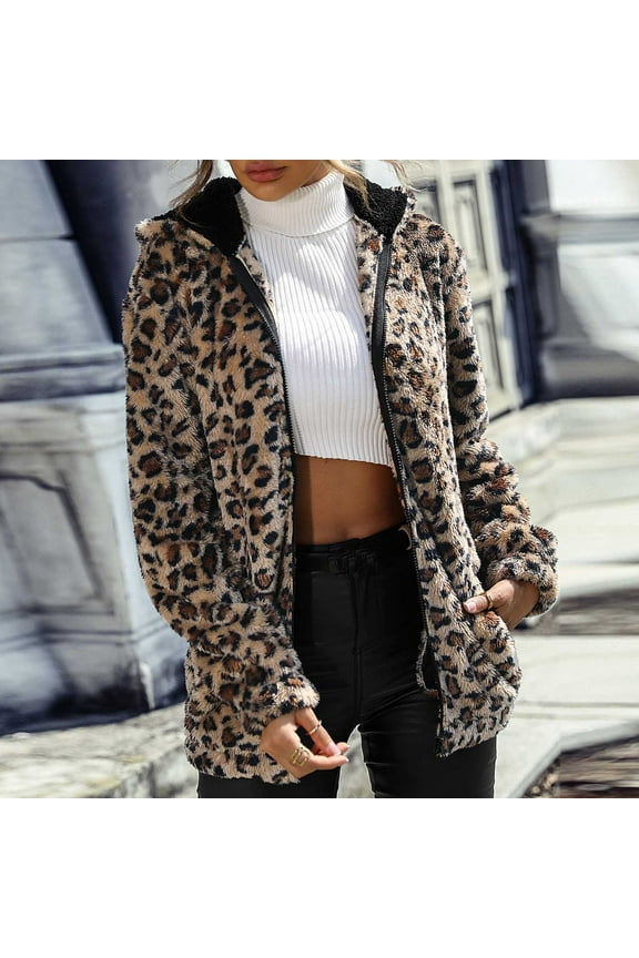 Women's Fall Winter Jacket Hooded Leopard Printed Fuzzy Zip up Double-Faced Fleece Casual Warm Lightweight Coat with Pockets Coffee L