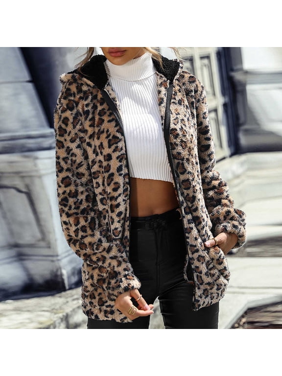 Women's Fall Winter Jacket Hooded Leopard Printed Fuzzy Zip up Double-Faced Fleece Casual Warm Lightweight Coat with Pockets Coffee XXL