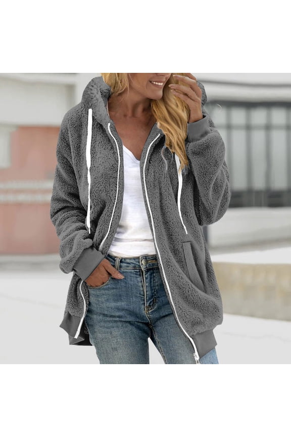 Women's Fall Winter Jacket Hooded Solid Color Fuzzy Zip up Drawstring Double-Faced Fleece Casual Warm Lightweight Coat with Pockets Dark Gray 5XL