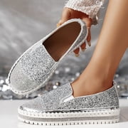 BLTIBY Womens Fashion Rhinestone Slip On Sneakers Casual Comfort Walking Shoes Cute Bowknot Glitter Bling Loafers Silver 40