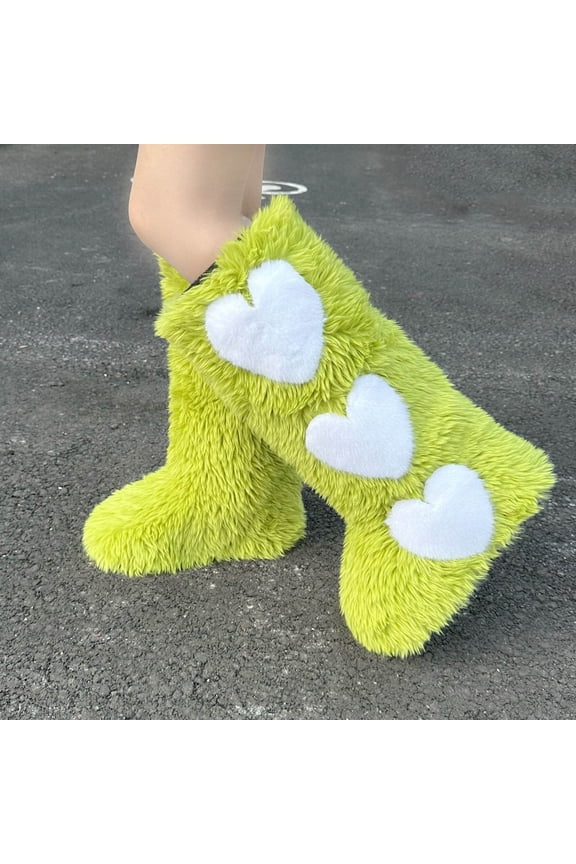 Women's Faux Fur Boots Winter Comfy Plush Warm Snow Boot Comfortable Furry Knee-High Boots Fuzzy Outdoor Heart Printed Flat Shoes Green 40
