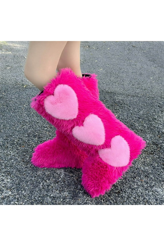 Women's Faux Fur Boots Winter Comfy Plush Warm Snow Boot Comfortable Furry Knee-High Boots Fuzzy Outdoor Heart Printed Flat Shoes Hot Pink 39