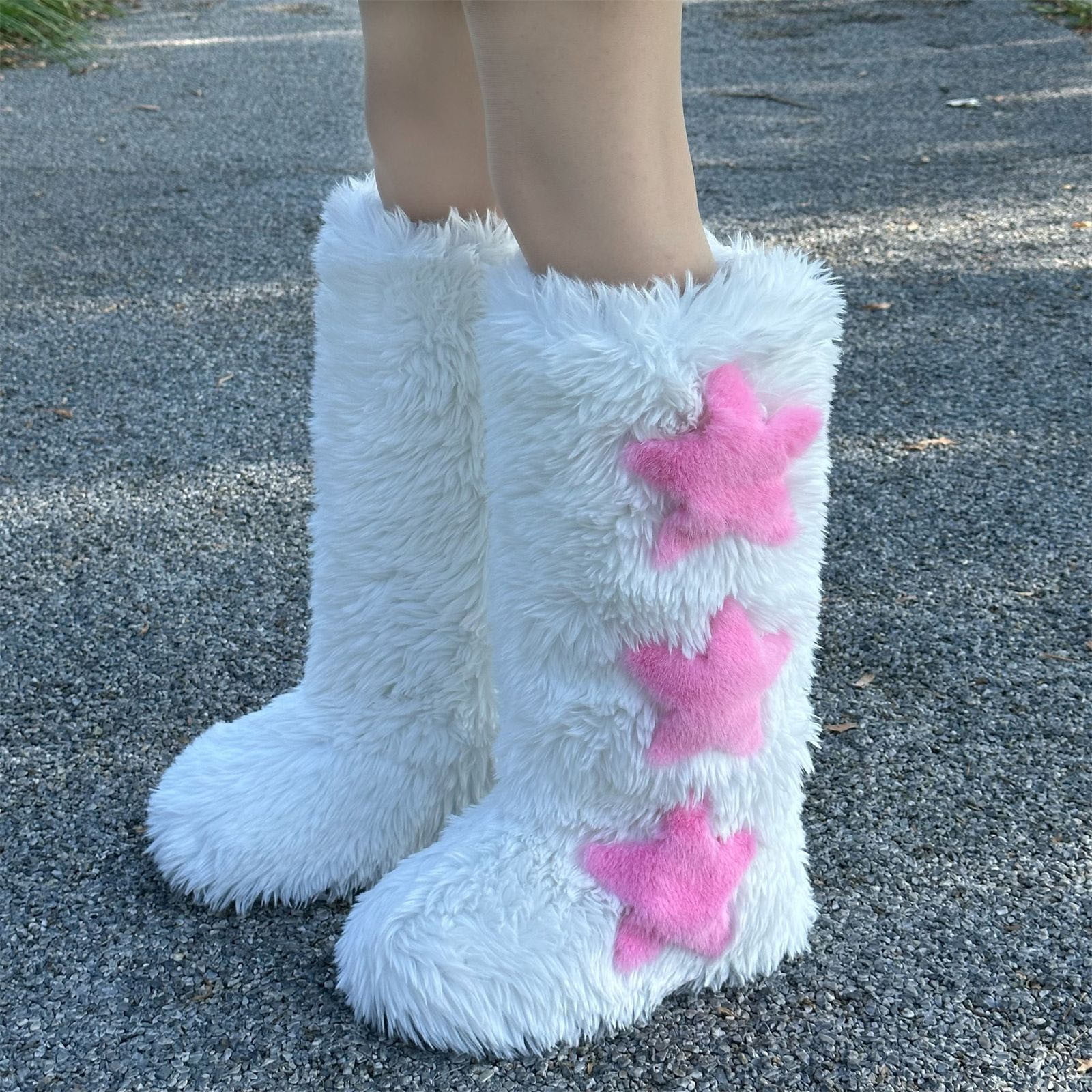 Y2k Shoes Men Yamerbo Faux Fur Boots For Women, Fuzzy Flurry Furry Leg Warm Boots, Winter Mid-Calf Snow Shoes, Round Toe Suede Winter Warm Flat Short Boots For Outdoors | Snow Boots