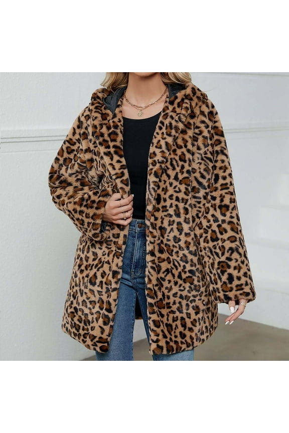 Women's Faux Fur Cardigan Coat Hoodies Winter Fuzzy Warm Fleece Leopard Print Jacket Open Front Casual Dressy Outerwear Brown XL
