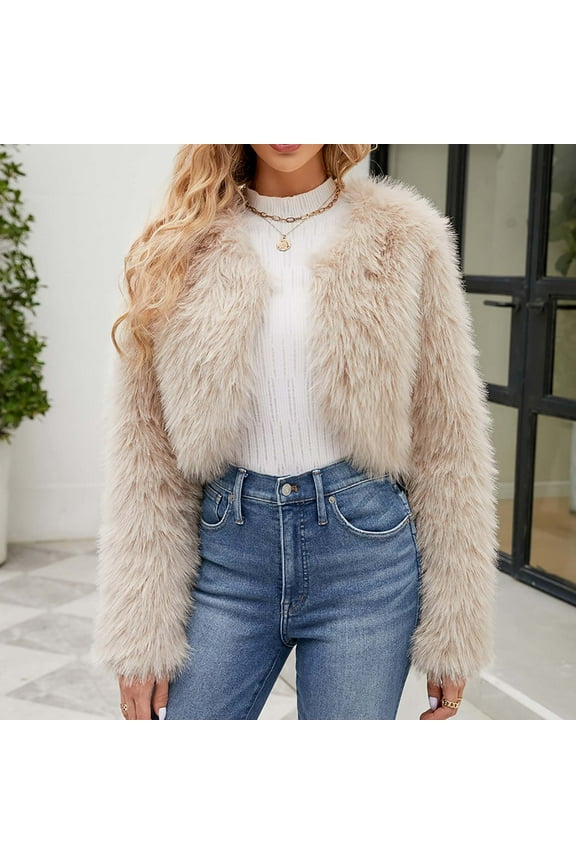 Women's Faux Fur Cardigan Coat Winter Fall Fuzzy Warm Fleece Cropped Jacket Open Front Casual Dressy Outerwear Beige M