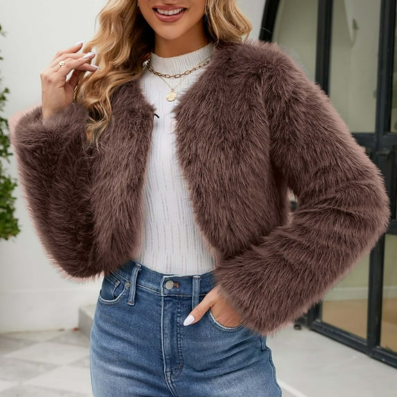 BLTIBY Women's Faux Fur Cardigan Coat Winter Fall Fuzzy Warm Fleece Cropped Jacket Open Front Casual Dressy Outerwear Coffee XXL