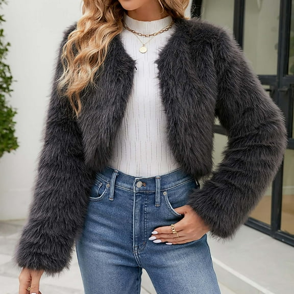 BLTIBY Women's Faux Fur Cardigan Coat Winter Fall Fuzzy Warm Fleece Cropped Jacket Open Front Casual Dressy Outerwear Dark Gray S
