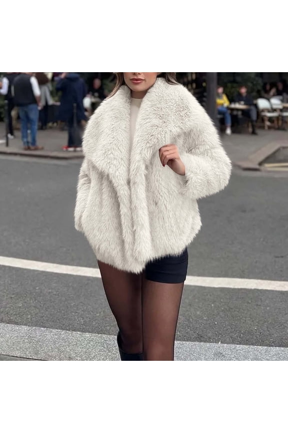 Women's Faux Fur Cardigan Coat Winter Fall Fuzzy Warm Fleece Lapel Cropped Jacket Elegant Open Front Casual Dressy Outerwear with Pockets White XL