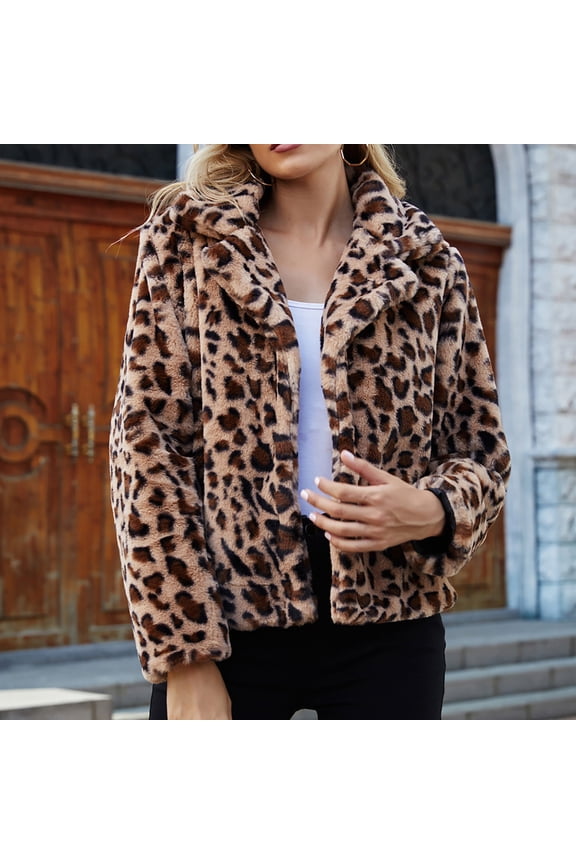 Women's Faux Fur Cardigan Coat Winter Fall Fuzzy Warm Fleece Lapel Leopard Print Cropped Jacket Open Front Casual Dressy Outerwear Brown M