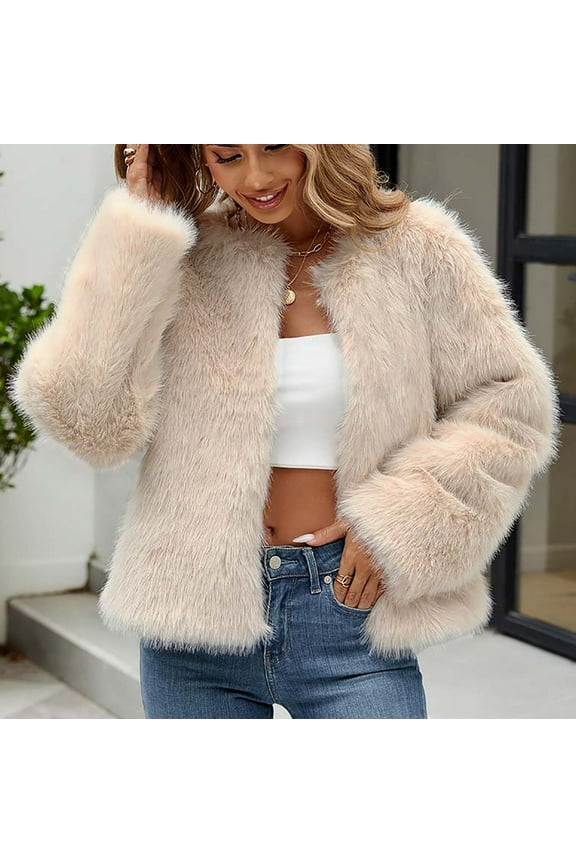 Women's Faux Fur Coat Fall Winter Fuzzy Warm Fleece Jacket Elegant Open Front Cardigan Casual Cropped Dressy Outerwear Beige L