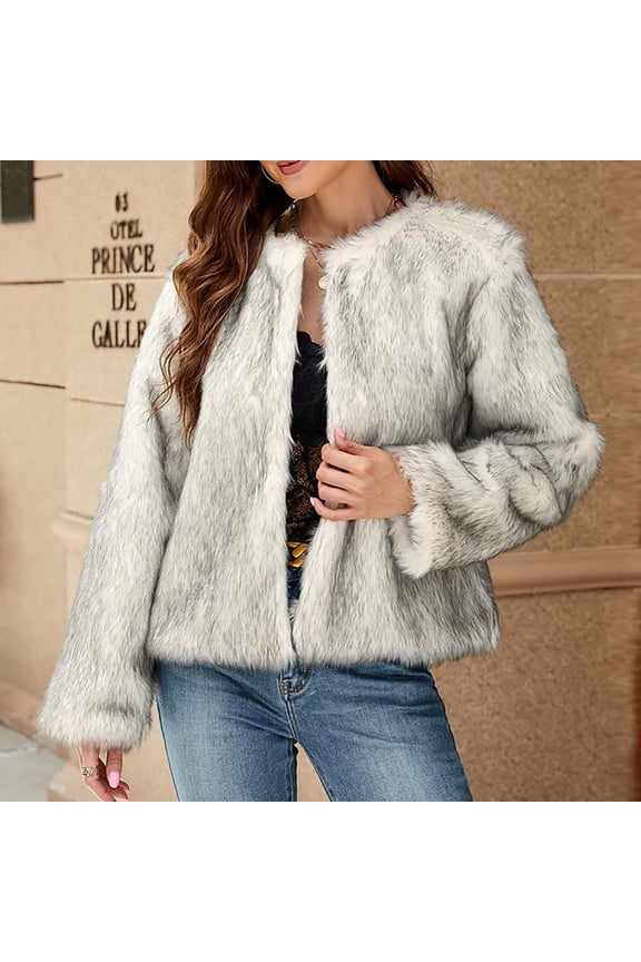 Women's Faux Fur Coat Fall Winter Fuzzy Warm Fleece Jacket Elegant Open Front Cardigan Casual Cropped Dressy Outerwear Gray XXL