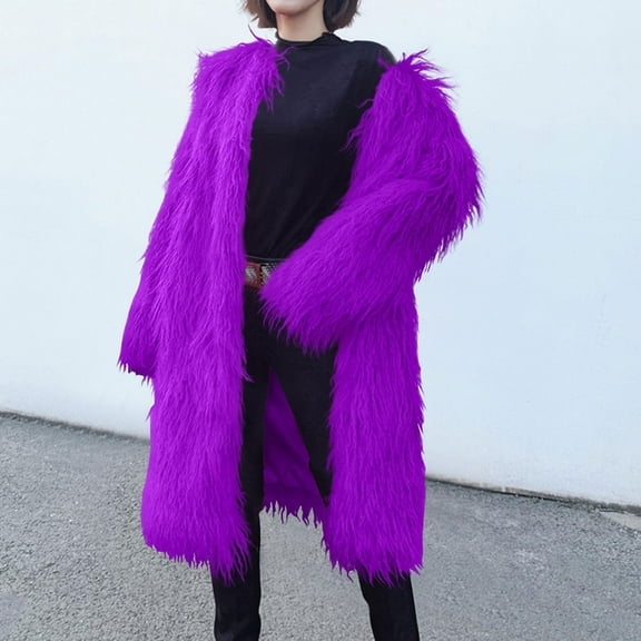 BLTIBY Women's Faux Fur Coat Winter Fall Fuzzy Warm Fleece Long Jacket Elegant Open Front Cardigan Casual Dressy Outerwear Purple 3XL