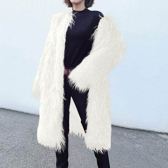 BLTIBY Women's Faux Fur Coat Winter Fall Fuzzy Warm Fleece Long Jacket Elegant Open Front Cardigan Casual Dressy Outerwear White XL