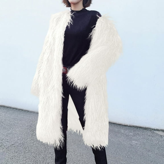 BLTIBY Women's Faux Fur Coat Winter Fall Fuzzy Warm Fleece Long Jacket Elegant Open Front Cardigan Casual Dressy Outerwear White XXL