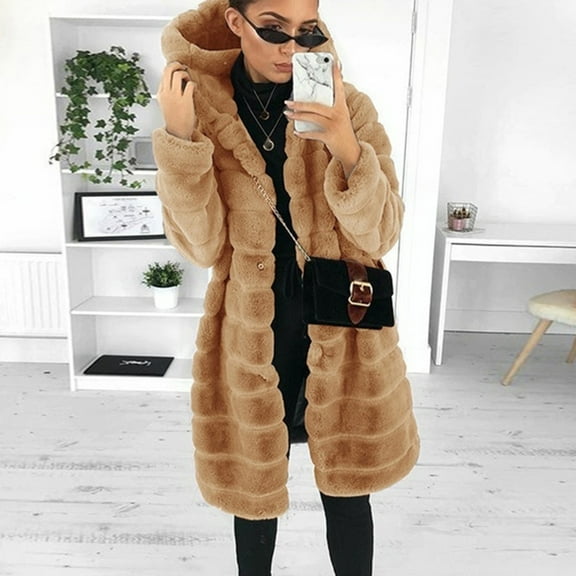 BLTIBY Women's Faux Fur Jacket Sherpa Fleece Long Sleeve Cardigan Casual Hooded Jackets Open Front Warm Fluffy Coat Comfortable Outwear Brown S