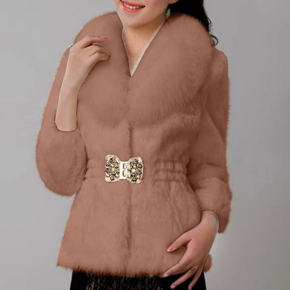 BLTIBY Women's Faux Fur Winter Coat Fall Winter Fuzzy Warm Plus Size Fleece Jacket Elegant Open Front Cardigan Casual Cropped Dressy Outerwear with Belt Brown 3XL